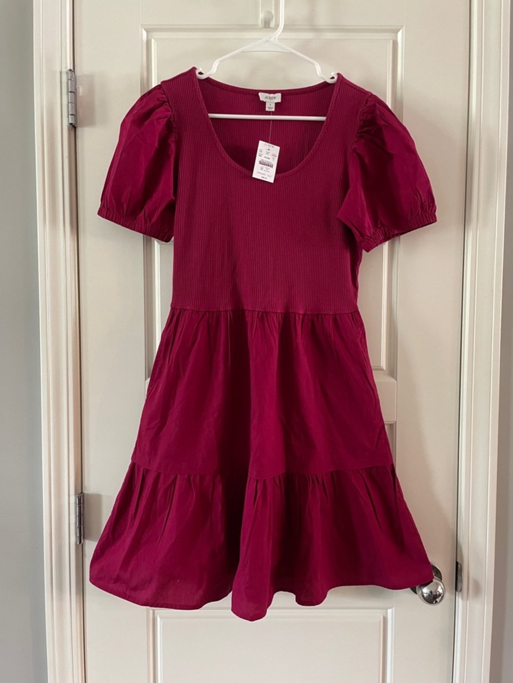 NWT J. Crew Women's Raspberry Puff-Sleeve Tiered Dress with pockets!